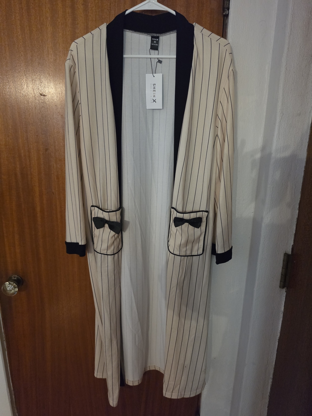 SHEIN Beige Pinstripe Longline Blazer with Black Trim and Bow Pockets